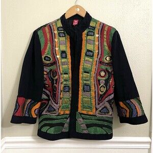 Vintage Sandy Starkman Jacket Womens Large Mixed Media Eclectic Textured Open